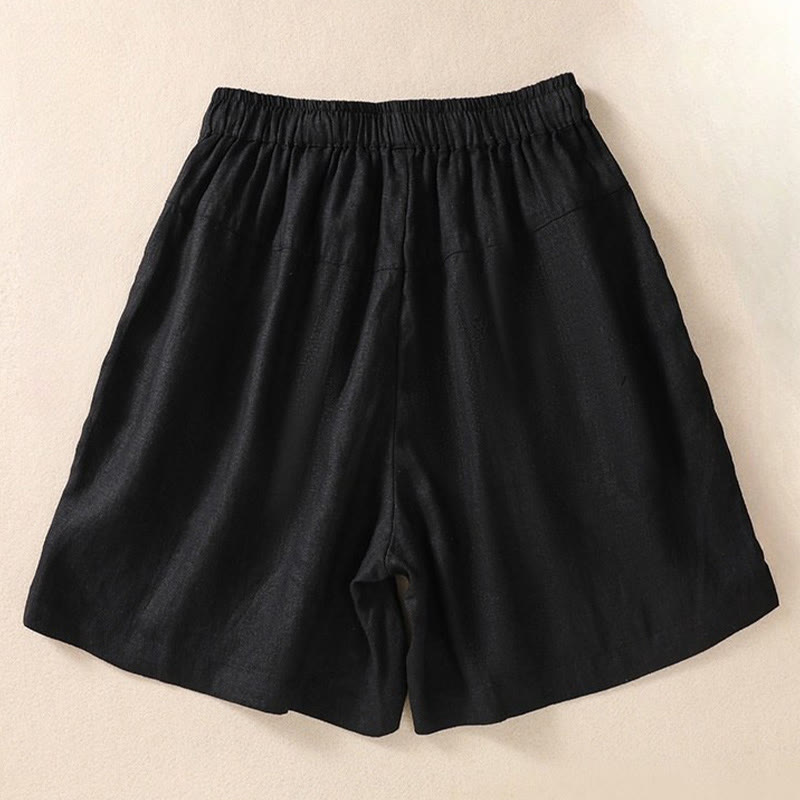 Casual Floral Embroidery Pattern Drawstring Cotton Linen Women's Shorts With Pockets