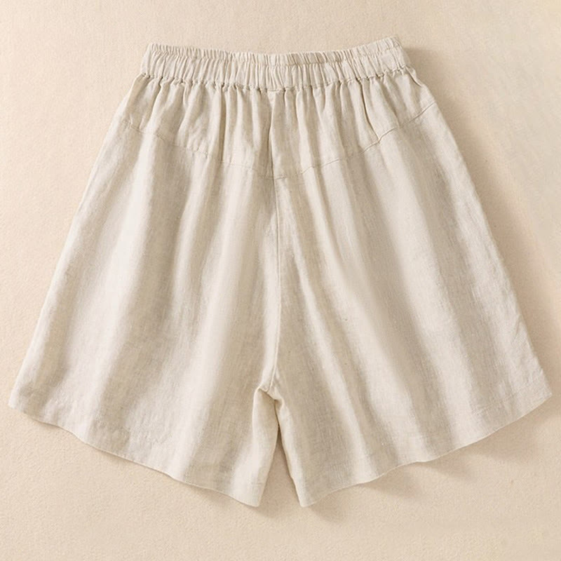 Casual Floral Embroidery Pattern Drawstring Cotton Linen Women's Shorts With Pockets
