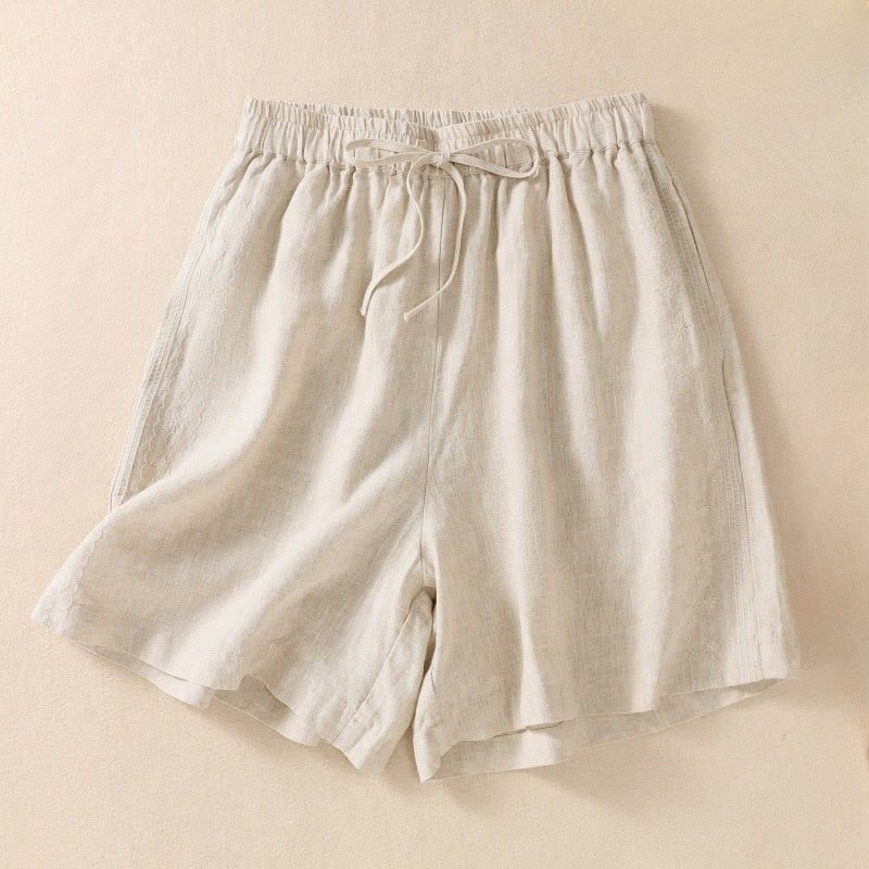 Casual Floral Embroidery Pattern Drawstring Cotton Linen Women's Shorts With Pockets