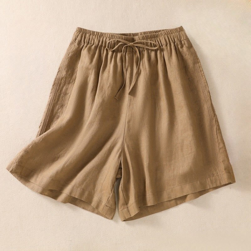 Casual Floral Embroidery Pattern Drawstring Cotton Linen Women's Shorts With Pockets