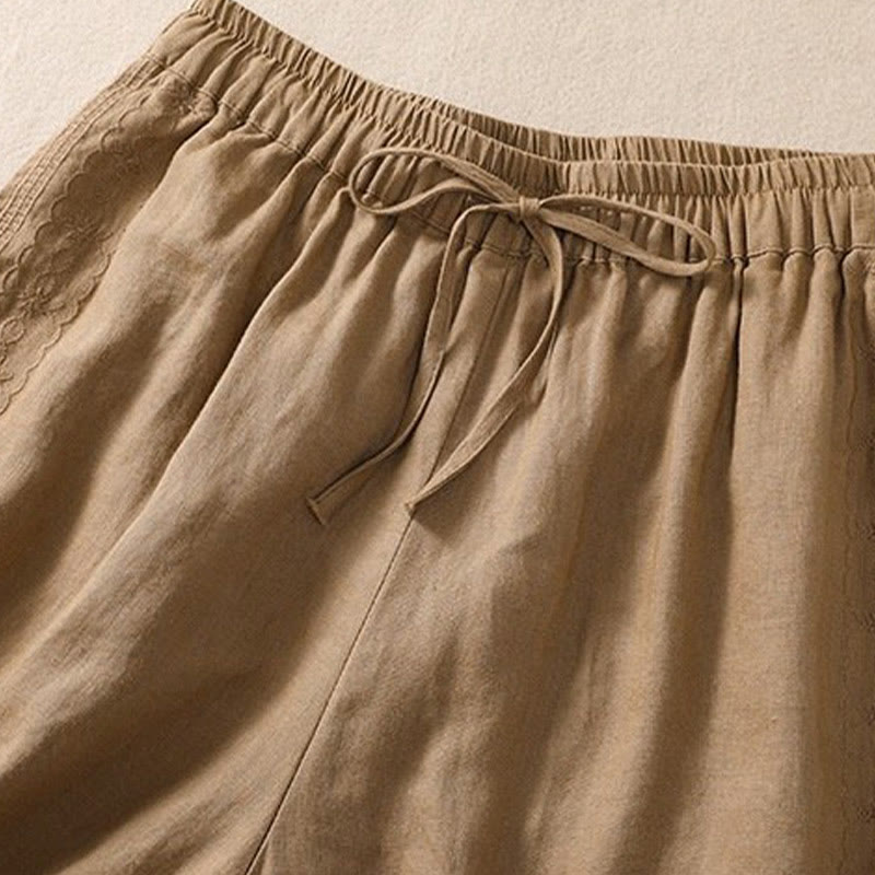 Casual Floral Embroidery Pattern Drawstring Cotton Linen Women's Shorts With Pockets