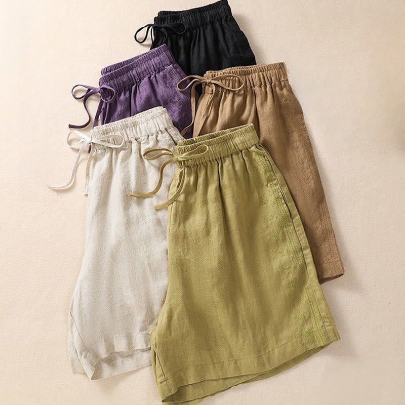 Casual Floral Embroidery Pattern Drawstring Cotton Linen Women's Shorts With Pockets