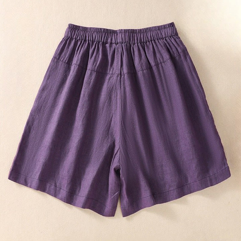Casual Floral Embroidery Pattern Drawstring Cotton Linen Women's Shorts With Pockets