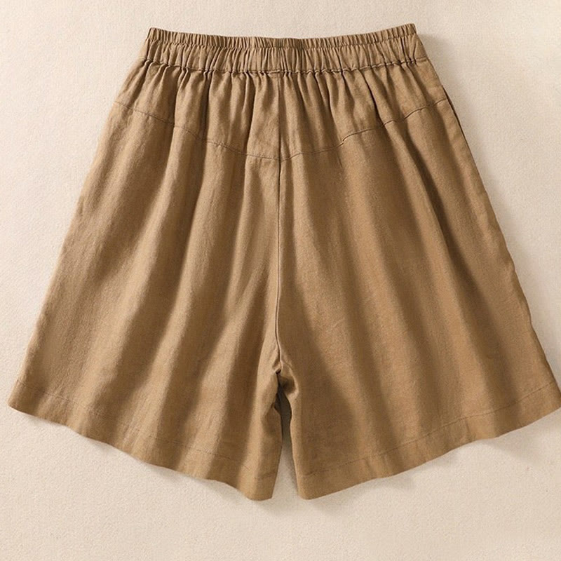Casual Floral Embroidery Pattern Drawstring Cotton Linen Women's Shorts With Pockets