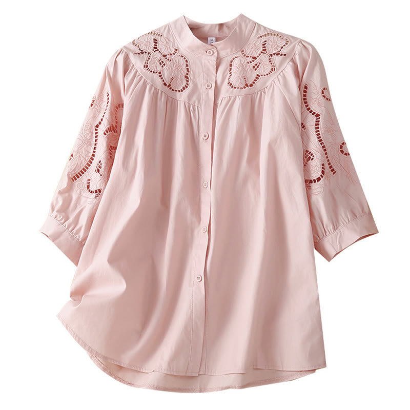 Casual Embroidery Flower Hole Design Three Quarter Sleeve Cotton Linen Women's Shirt