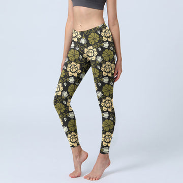 Yellow Flowers Green Leaves Print Gym Fitness Leggings Women's Yoga Pants