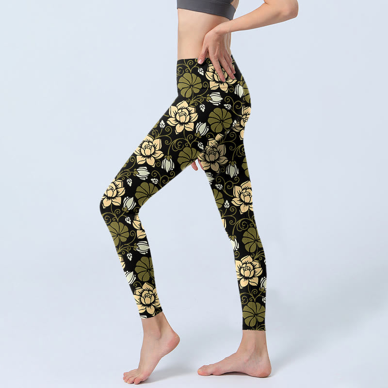 Yellow Flowers Green Leaves Print Gym Fitness Leggings Women's Yoga Pants