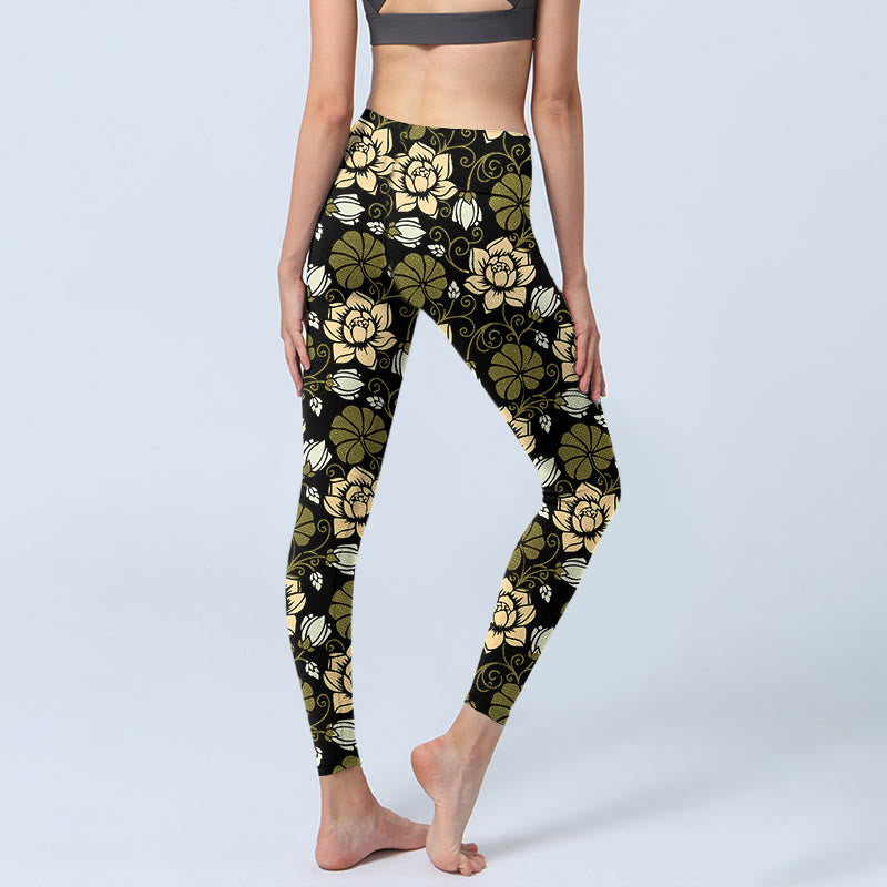 Yellow Flowers Green Leaves Print Gym Fitness Leggings Women's Yoga Pants