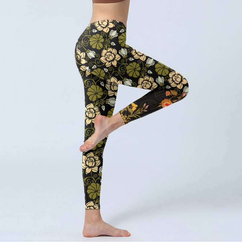 Yellow Flowers Green Leaves Print Gym Fitness Leggings Women's Yoga Pants