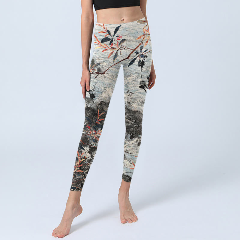Waves Rocks Trees Print Gym Fitness Leggings Women's Yoga Pants