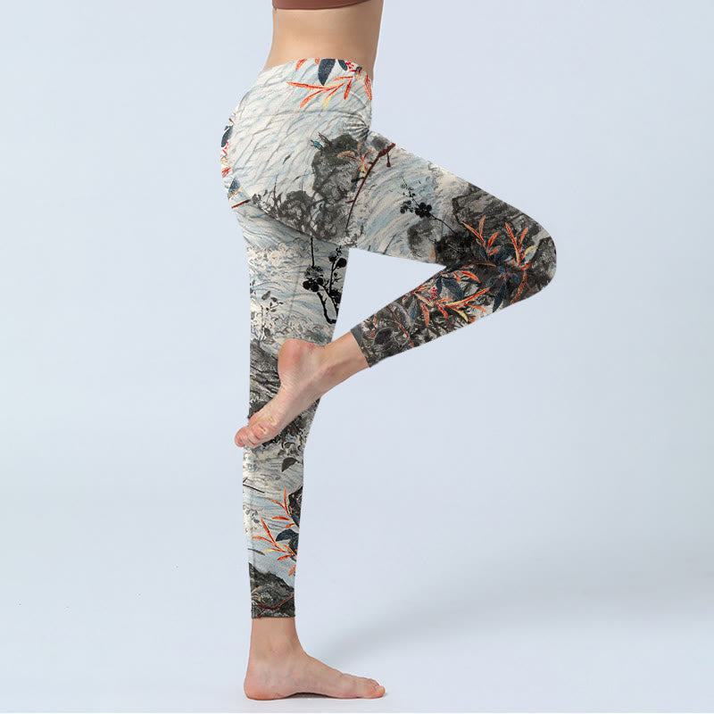 Waves Rocks Trees Print Gym Fitness Leggings Women's Yoga Pants