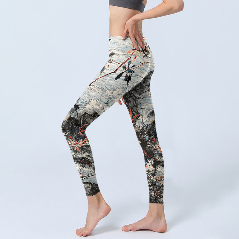 Waves Rocks Trees Print Gym Fitness Leggings Women's Yoga Pants