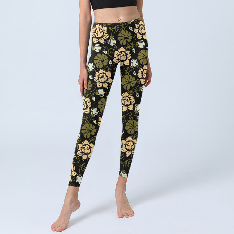 Yellow Flowers Green Leaves Print Gym Fitness Leggings Women's Yoga Pants