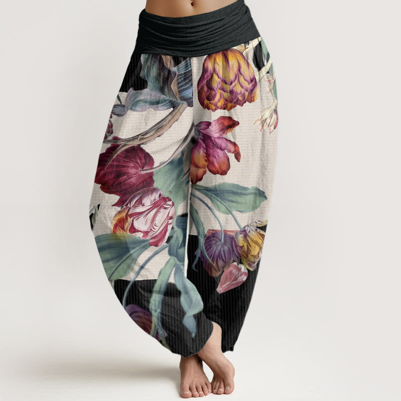 Cotton Tulips Green Leaves Design Women's Elastic Waist Harem Pants
