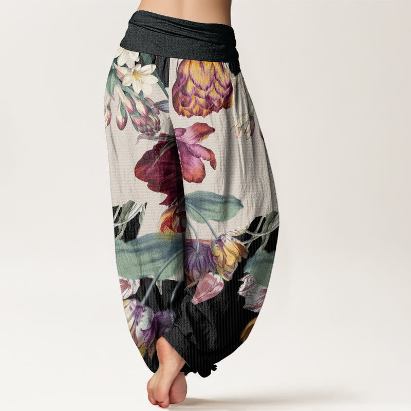 Cotton Tulips Green Leaves Design Women's Elastic Waist Harem Pants