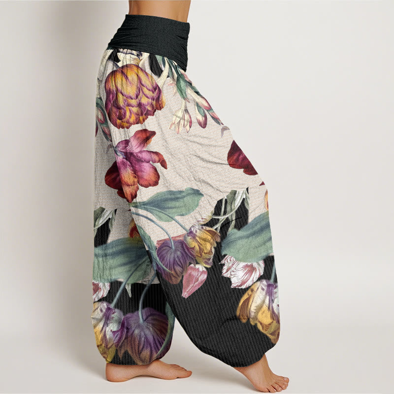 Cotton Tulips Green Leaves Design Women's Elastic Waist Harem Pants