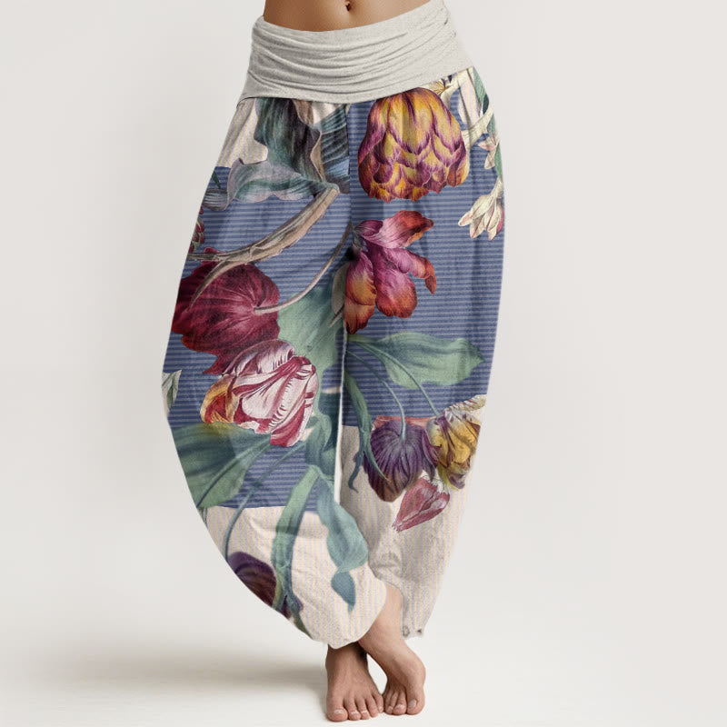 Cotton Tulips Green Leaves Design Women's Elastic Waist Harem Pants