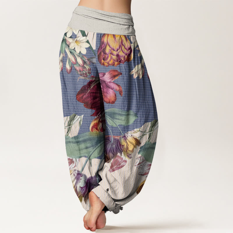 Cotton Tulips Green Leaves Design Women's Elastic Waist Harem Pants
