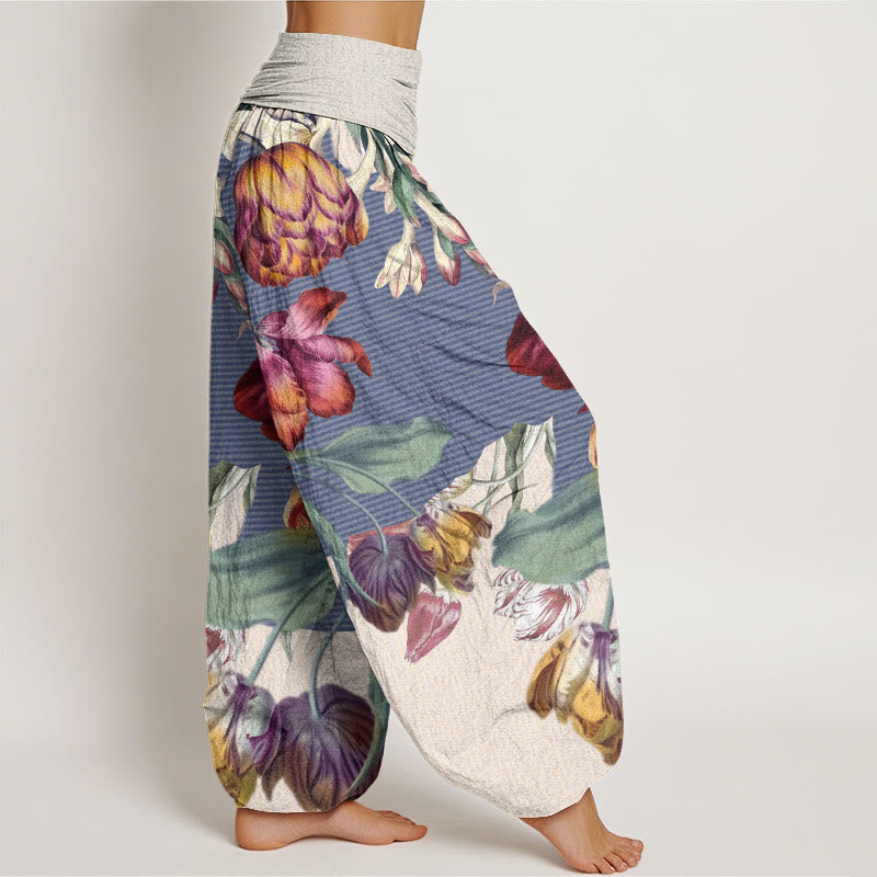 Cotton Tulips Green Leaves Design Women's Elastic Waist Harem Pants