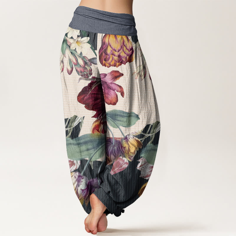 Cotton Tulips Green Leaves Design Women's Elastic Waist Harem Pants
