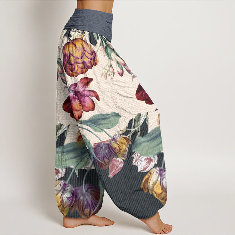 Cotton Tulips Green Leaves Design Women's Elastic Waist Harem Pants