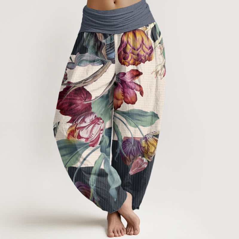 Cotton Tulips Green Leaves Design Women's Elastic Waist Harem Pants