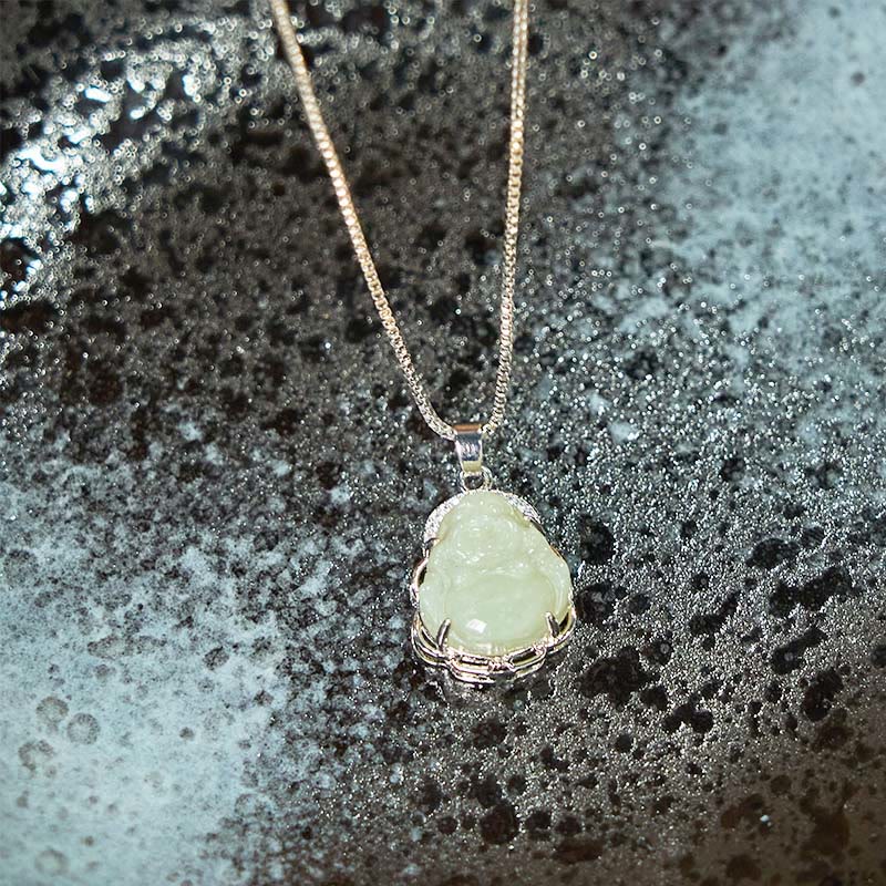 Natural Hetian Jade Laughing Buddha Abundance Necklace Pendant