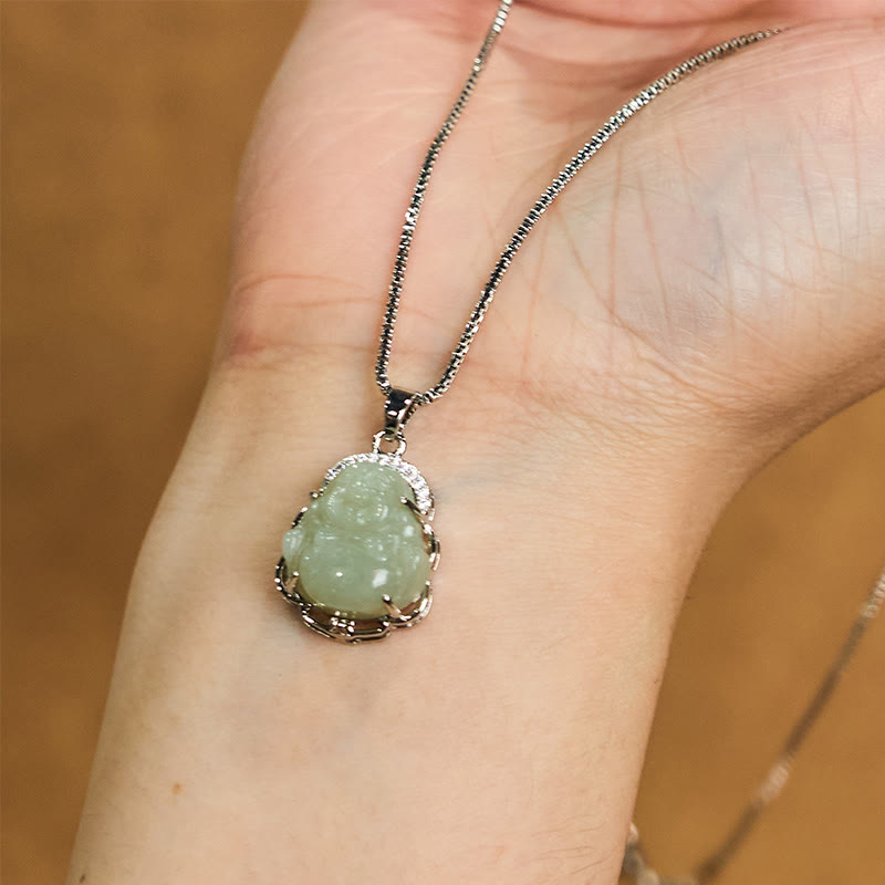 Natural Hetian Jade Laughing Buddha Abundance Necklace Pendant