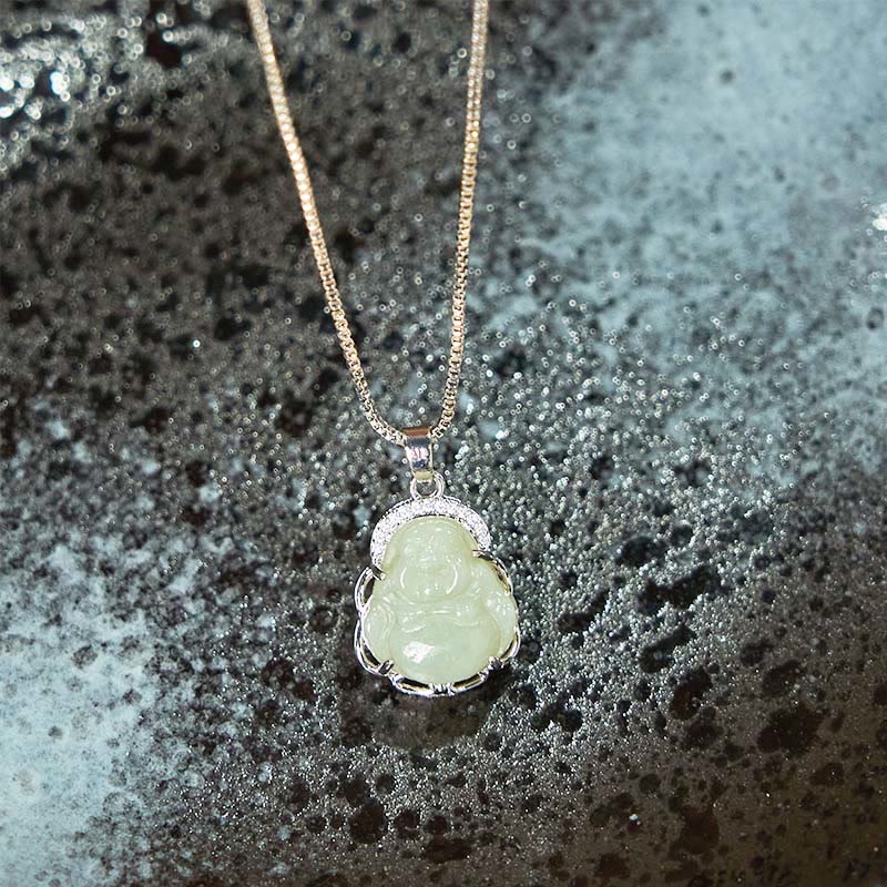 Natural Hetian Jade Laughing Buddha Abundance Necklace Pendant