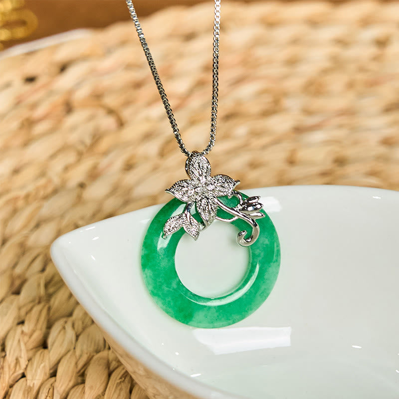 Cyan Jade Peace Buckle Alloy Flower Healing Luck Necklace Pendant