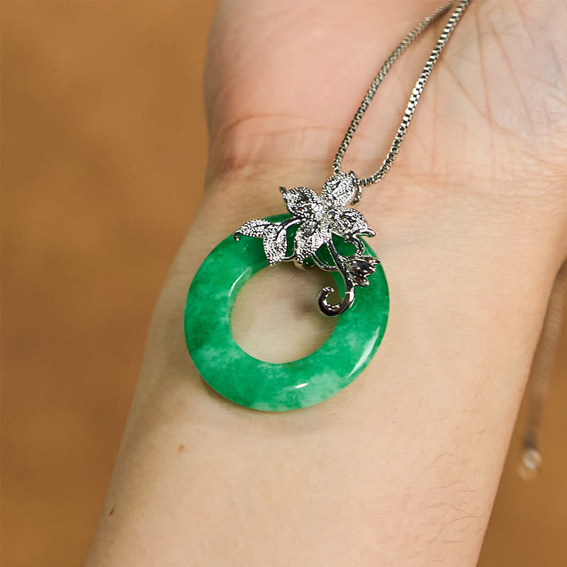 Cyan Jade Peace Buckle Alloy Flower Healing Luck Necklace Pendant