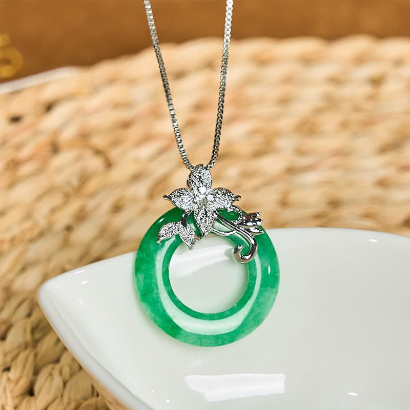 Cyan Jade Peace Buckle Alloy Flower Healing Luck Necklace Pendant