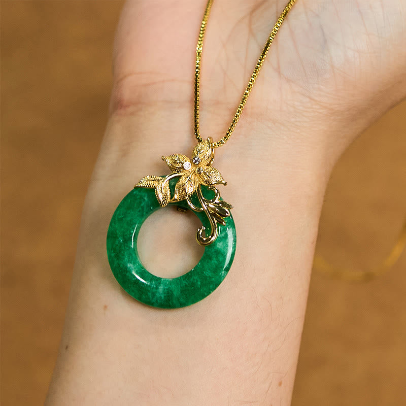 Cyan Jade Peace Buckle Alloy Flower Healing Luck Necklace Pendant