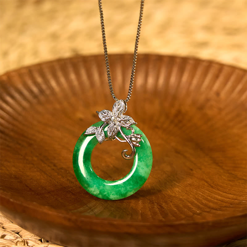Cyan Jade Peace Buckle Alloy Flower Healing Luck Necklace Pendant