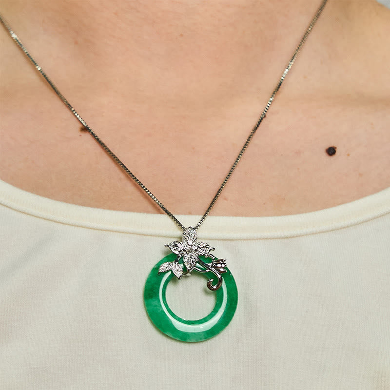 Cyan Jade Peace Buckle Alloy Flower Healing Luck Necklace Pendant