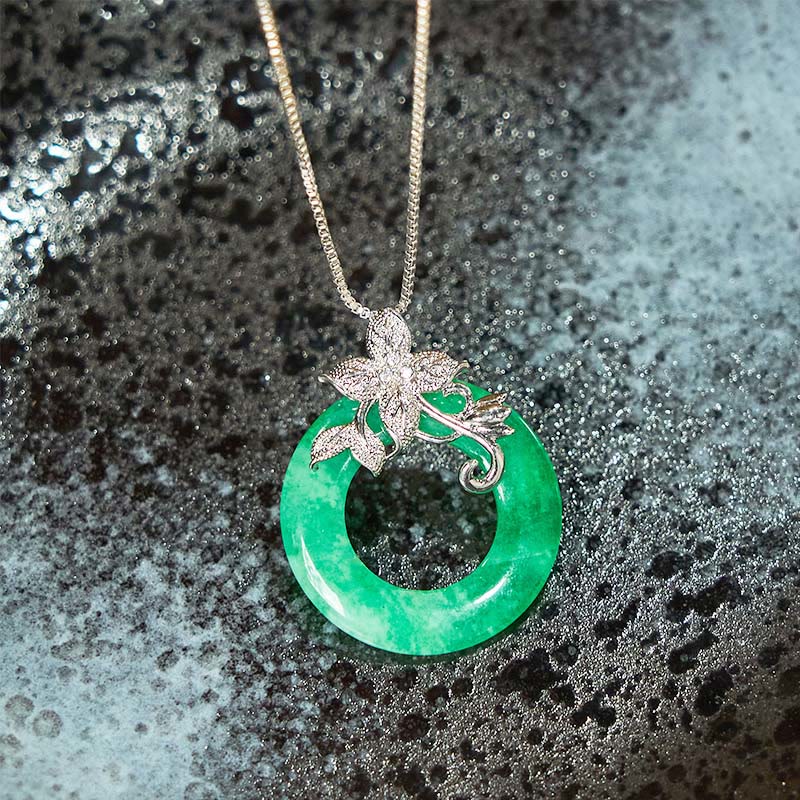 Cyan Jade Peace Buckle Alloy Flower Healing Luck Necklace Pendant