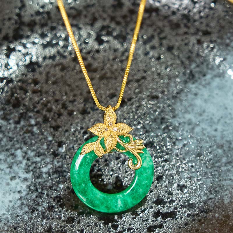 Cyan Jade Peace Buckle Alloy Flower Healing Luck Necklace Pendant
