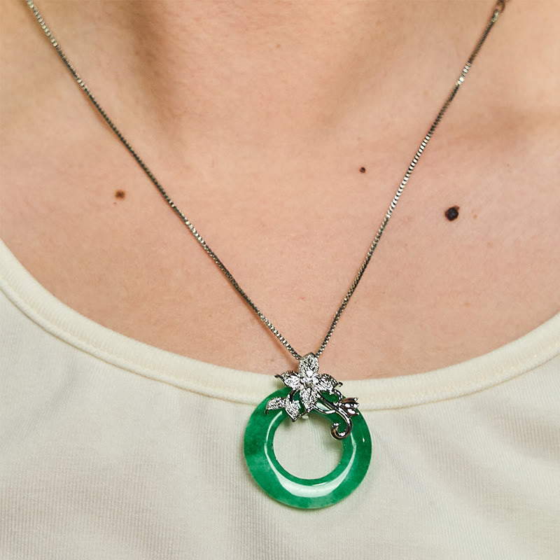 Cyan Jade Peace Buckle Alloy Flower Healing Luck Necklace Pendant