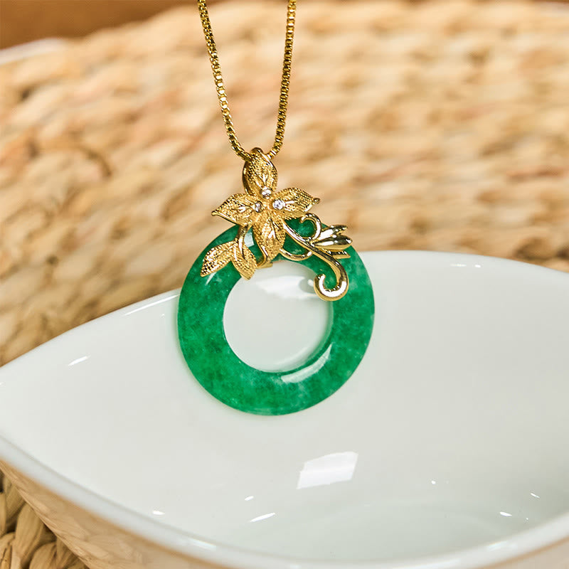 Cyan Jade Peace Buckle Alloy Flower Healing Luck Necklace Pendant