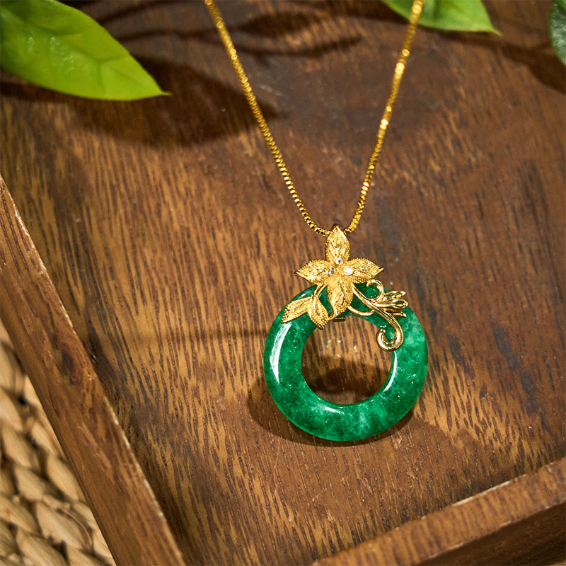 Cyan Jade Peace Buckle Alloy Flower Healing Luck Necklace Pendant