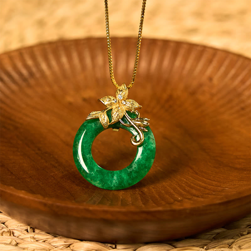 Cyan Jade Peace Buckle Alloy Flower Healing Luck Necklace Pendant