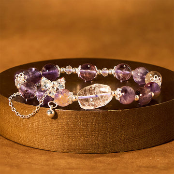 Natural Purple Phantom and Clear Quartz Bow Wisdom Beaded Bracelet