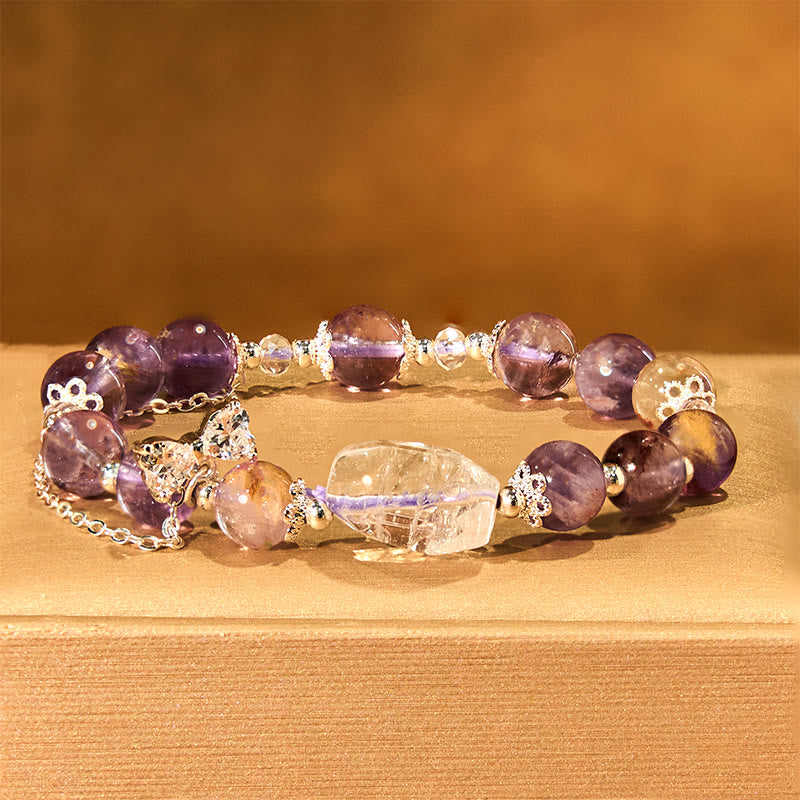 Natural Purple Phantom and Clear Quartz Bow Wisdom Beaded Bracelet