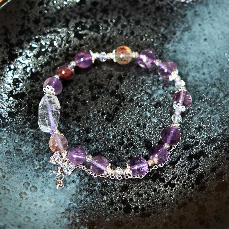 Natural Purple Phantom and Clear Quartz Bow Wisdom Beaded Bracelet