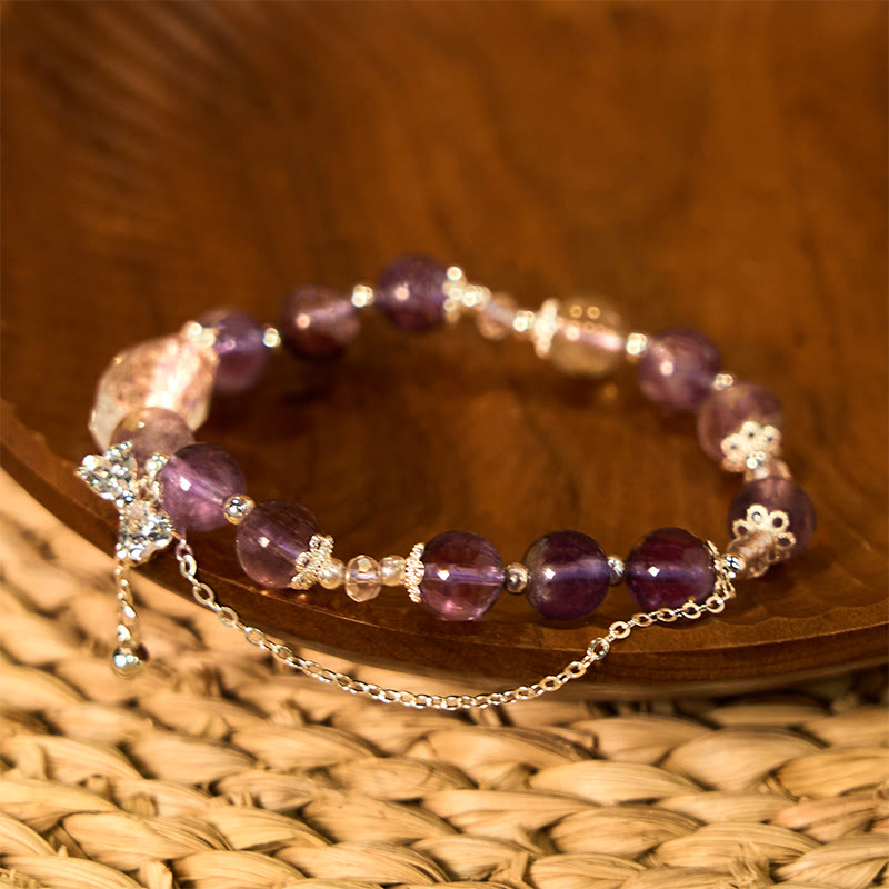 Natural Purple Phantom and Clear Quartz Bow Wisdom Beaded Bracelet