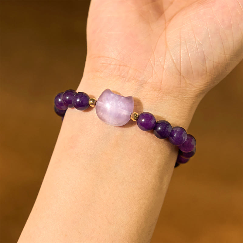 Amethyst Green Aventurine Rose Quartz Fluorite Cat Head Balance Luck Bracelet