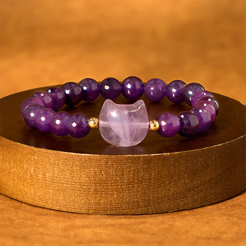 Amethyst Green Aventurine Rose Quartz Fluorite Cat Head Balance Luck Bracelet