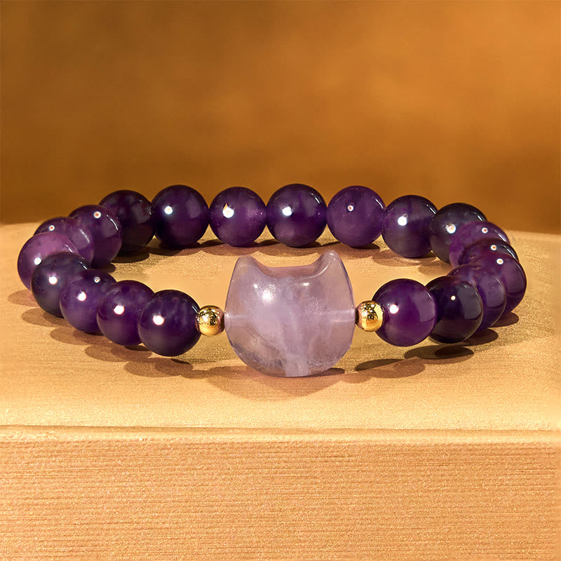 Amethyst Green Aventurine Rose Quartz Fluorite Cat Head Balance Luck Bracelet