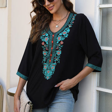 Summer Casual Embroidery Flower Leaf Half Sleeve V-neck Cotton Women's T-Shirt