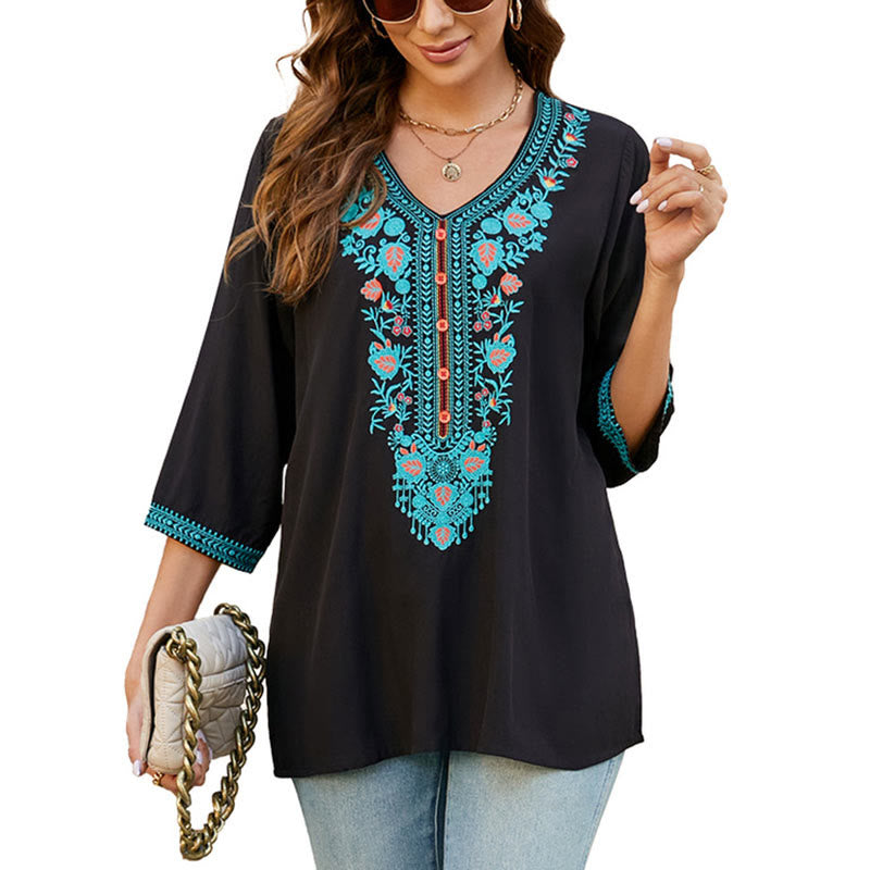 Summer Casual Embroidery Flower Leaf Half Sleeve V-neck Cotton Women's T-Shirt